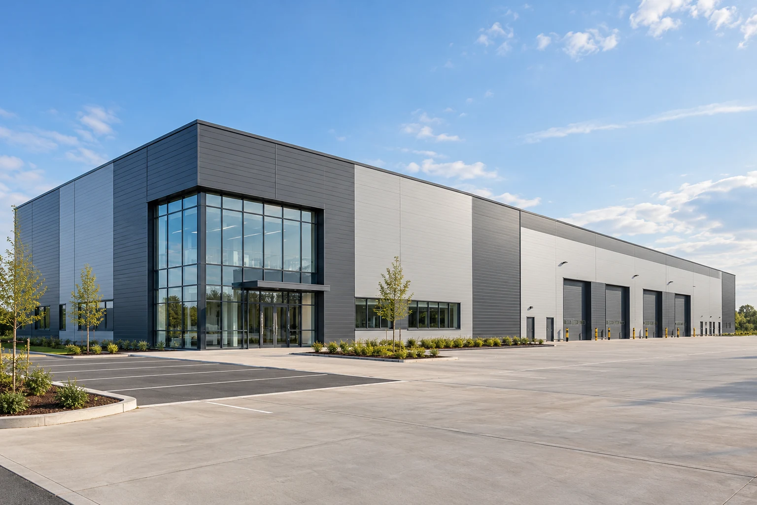 Representative modern industrial unit with silver cladding, glazed offices and loading bays